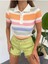 Kadın Ince Burgu Kumaş Polo Yaka Çizgili Crop Bluz 1