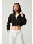 Kadın Basic Fermuarlı Kapüşonlu Crop Kalın Içi Polarlı Örme Sweatshirt 3