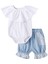 Iki Parçalı Kız Çocuk Giysileri Taze Düz Renk Fırfır Yuvarlak Yaka Romper ve Dantel Dikişli Kot Şort (Yurt Dışından) 2