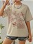 Blacksokak Kadın Bej Summer Baskılı Oversize Bisiklet Yaka Tshirt 4