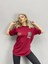 Blacksokak Kadın Bordo Begoberg Baskılı Oversize Bisiklet Yaka Tshirt 3