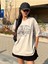 Kadın Ekru Original Vintage Raw Baskılı Oversize Bisiklet Yaka Tshirt 4