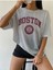 Blacksokak Kadın Gri Boston Baskılı Oversize Bisiklet Yaka Tshirt 1