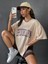 Kadın Kahverengi Baskılı 1898 Brooklyn New York Bej Oversize Bisiklet Yaka T-Shirt 1