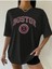 Blacksokak Kadın Siyah Boston Baskılı Oversize Bisiklet Yaka Tshirt 3