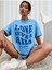 Blacksokak Kadın Mavi Love Never Faıls Baskılı Oversize Bisiklet Yaka Tshirt 1