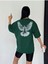 Kadın Yeşil Kuş Oversize Bisiklet Yaka Tshirt 1