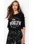 Blacksokak Kadın Siyah Usa Brooklyn Göğüs Baskılı Oversize Bisiklet Yaka T-Shirt 2