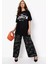Blacksokak Kadın Siyah Usa Brooklyn Göğüs Baskılı Oversize Bisiklet Yaka T-Shirt 4