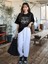 Kadın Siyah Original Vintage Raw Baskılı Oversize Bisiklet Yaka Tshirt 3