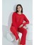 Kadın Kırmızı Bisiklet Yaka Uzun Kollu Yazılı ve Puantiyeli Desenli Pijama Takımı 959 2