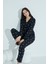 Kadın Siyah Boydan Düğmeli Gömlek Yaka Uzun Kollu Kalp Desenli Pijama Takımı 952 2