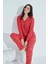 Kadın Nar Çiçeği Boydan Düğmeli Gömlek Yaka Uzun Kollu Kalp Desenli Pijama Takımı 952 2