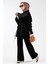 Omuzu Volanlı Kadife Takım-Siyah 4
