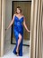 Straplez Sivri Yaka Beli Kemerli Yeni Sezon Saten Abiye Elbise HT5038 5038 4
