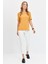 Kadın V Yaka Flamlı Kumaş Basic T-Shirt Hardal 3