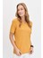 Kadın V Yaka Flamlı Kumaş Basic T-Shirt Hardal 4