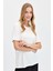 Kadın Sıfır Yaka Flamlı Kumaş Penye T-Shirt Ekru 3