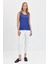 Kadın Sıfır Yaka Flamlı Kumaş Basic Askılı T-Shirt Indigo 4