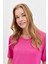 Kadın Sıfır Yaka Flamlı Kumaş Penye T-Shirt Fuşya 2