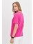 Kadın Sıfır Yaka Flamlı Kumaş Penye T-Shirt Fuşya 3