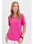 Kadın Sıfır Yaka Flamlı Kumaş Penye T-Shirt Fuşya 4