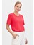 Kadın Sıfır Yaka Flamlı Kumaş Penye T-Shirt Mercan 1