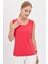 Kadın Sıfır Yaka Flamlı Kumaş Basic Askılı T-Shirt Mercan 5