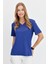 Kadın V Yaka Flamlı Kumaş Basic T-Shirt Indigo 1