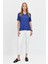 Kadın V Yaka Flamlı Kumaş Basic T-Shirt Indigo 2
