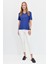 Kadın V Yaka Flamlı Kumaş Basic T-Shirt Indigo 3