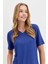 Kadın V Yaka Flamlı Kumaş Basic T-Shirt Indigo 5