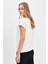 Kadın Sıfır Yaka Önü Taşlı Çapalı T-Shirt Ekru 3