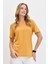 Kadın V Yaka Flamlı Kumaş Basic T-Shirt Hardal 1