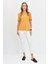 Kadın V Yaka Flamlı Kumaş Basic T-Shirt Hardal 2