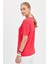 Kadın Sıfır Yaka Flamlı Kumaş Penye T-Shirt Mercan 4