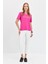 Kadın V Yaka Flamlı Kumaş Basic T-Shirt Fuşya 3