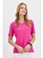 Kadın V Yaka Flamlı Kumaş Basic T-Shirt Fuşya 4