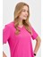 Kadın V Yaka Flamlı Kumaş Basic T-Shirt Fuşya 5
