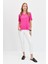 Kadın V Yaka Flamlı Kumaş Basic T-Shirt Fuşya 2