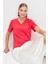 Kadın V Yaka Flamlı Kumaş Basic T-Shirt Mercan 1