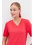 Kadın V Yaka Flamlı Kumaş Basic T-Shirt Mercan 2
