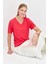 Kadın V Yaka Flamlı Kumaş Basic T-Shirt Mercan 4