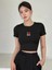 I Love Me Kalp Nakışlı Kısa Kol Kadın Siyah Bisiklet Yaka Likralı Body Crop Bluz 2