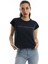 Kadın Bisiklet Yaka Baskılı Crop T-Shirt Lacivert 3