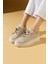 Kadın Sneakers Bağcıklı Taşlı Spor Ayakkabı Bej/Altın Deri 1