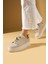 Kadın Sneakers Bağcıklı Taşlı Spor Ayakkabı Bej/Altın Deri 2