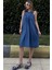 Kadın Indigo Kalın Askılı Cep ve Plise Yaka Detaylı A Kesim Salaş Midi Elbise 3