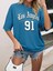 Kadın Indigo Mavi Los Angeles 91 Baskılı Oversize T-Shirt 1