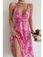 Pembe Desenli Dekolteli Midi Boy Elbise MG1537 2
